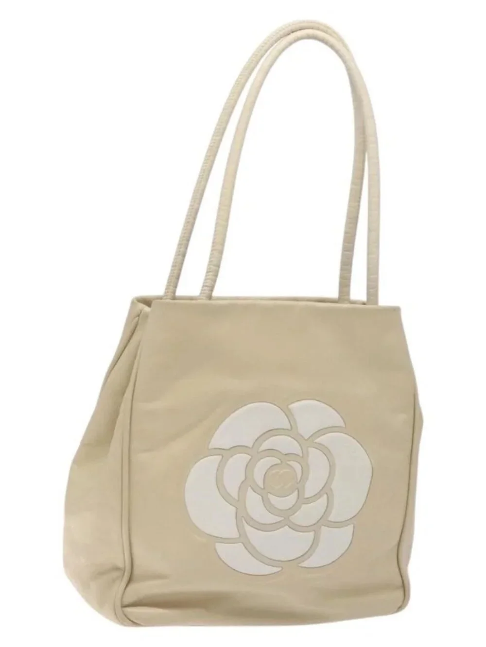 CHANEL Camelia Shoulder Bag Leather Ivory CC Auth 127482